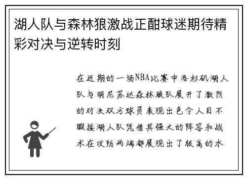 湖人队与森林狼激战正酣球迷期待精彩对决与逆转时刻