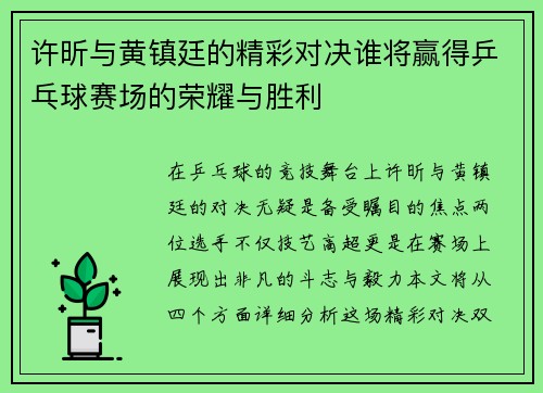 许昕与黄镇廷的精彩对决谁将赢得乒乓球赛场的荣耀与胜利